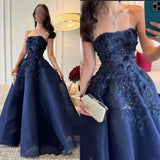 Elegant Navy Blue Strapless Appliques A Line Prom Dress Evening Dress Vestidos De Dia HZ0311