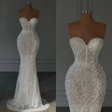 Luxury Mermaid Wedding Dresses For Women Sweetheart Neck Sleeveless Pearls Sequins Sweep Bridal Gown HZ0311