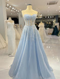 Modest A line Sweetheart Light Sky Blue Tulle Sequin Long Prom Dresses For Teens Formal Dress Party Outfits Prom Gowns HZ0311