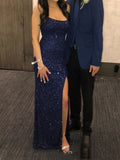 Elegant Mermaid Navy Blue Sequins Spaghetti Straps Long Evening Prom Dresses HZ0311
