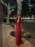 Elegant Mermaid Spaghetti Straps Burgundy Deep Red Sequins Long Prom Dresses Formal Party Gowns Vestidos De Dia HZ0311