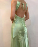 Pretty Mermaid V Neckline Green Satin Backless Evening Dress Prom Dresses With Beads HZ0311