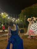 Custom Dark Blue Satin Corset Prom Dress Ruffle Princess Gown Elegant Evening Gowns with Slits HZ0311