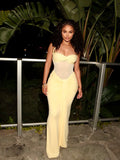 Elegant Mermaid Spaghetti Straps Yellow Chiffon Long Prom Dresses For Teens Evening Outfits Graduation Formal Dress HZ0311