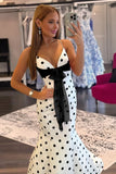 Charming Spaghetti Straps Polka Dots Mermaid Formal Prom Dresses With Bow Birthday Outfits HZ0311
