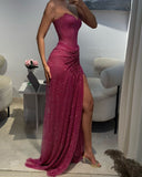 Sweetheart Sleeveless Ruch Side Slit Sheath Sparkly Prom Dresses HZ0311