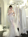 Luxurious Wedding Dresses Mermaid Sweetheart With Beaded Crystals Bodice Silver Sequin Bride Dress For Brides Fitted Bridal Gown HZ0311