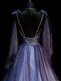 Vintage A Line Spaghetti Straps Grape Tulle With Beadings Floor Length Inspiration Long Prom Dresses HZ0311