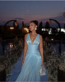Simple A line V Neck Light Sky Blue Satin Long Party Dresses Prom Dresses Impress Wedding Guest Dress HZ0311