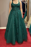 Modest A Line Square Neck Emerald Green Tulle Lace Appliques Prom Dresses Long Party Dress Evening Dresses HZ0311