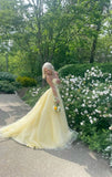 Unique Ball Gown Sweetheart Yellow Tulle with Lace Applique Evening Dresses Long Prom Dress HZ0311