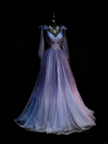 Vintage A Line Spaghetti Straps Grape Tulle With Beadings Floor Length Inspiration Long Prom Dresses HZ0311