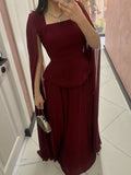 Elegant A line Square Neck Burgundy Chiffon With Sleeves Long Formal Fancy Prom Evening Dress Dinner Outfits Classy Party Gowns HZ0311