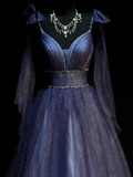 Vintage A Line Spaghetti Straps Grape Tulle With Beadings Floor Length Inspiration Long Prom Dresses HZ0311