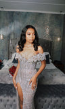 Glittery Mermaid Off The Shoulder Prom Dresses For Black People Girls Silver Sequin Beaded Crystals Long Formal Slit Evening Party Gown HZ0311