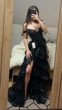 Sexy Ball Gown Off The Shoulder Lace Slit For Black People Girls Prom Dresses Sequin Long Formal Evening Party Gowns HZ0311