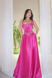 Elegant Fuchsia Halter Sleeveless Satin Prom Dress A-Line Long With Gem Graduation Gown HZ0311