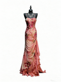Vintage Mermaid Spaghetti Straps Floral Chiffon With Beadings Floor Length Inspiration Long Prom Dresses HZ0311