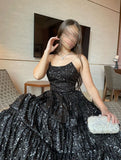 Sparkly Ball Gown Strapless Black Prom Dresses Fashion Evening With Slit Sequin Long Formal Party Gowns HZ0311