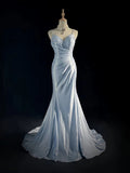 Elegant Blue Spaghetti Strap Prom Gown Pleated Sweetheart Neckline Sexy Backless Fishtail Celebrity Banquet Evening Dress HZ0311