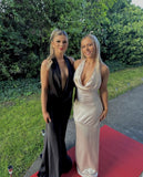 Simple Satin Mermaid Long Evening Prom Dresses Ivory Halter Prom Dress HZ0311