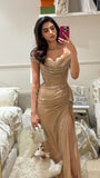 Sexy Off The Shoulder Mermaid Tiered Ruffled Sequins Slit Gold Long Prom Dress Evening Dresses Sweet 15 16 Gown HZ0311