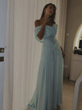 Sexy Mermaid Off The Shoulder Light Sky Blue Chiffon Prom Dresses Party Dress Long Evening Dresses HZ0311