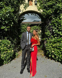 Graceful Sheath Strapless Red Feathers Sleeveless Slit Prom Dress Formal Evening Dress Party Gowns HZ0311