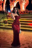 Sparkling Burgundy Sweetheart Strapless Sleeveless Sequins Prom Dress Mermaid Column On Sale HZ0311