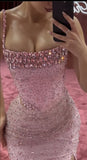 Two Pieces Pink Beaded Bodycon Party Dress Long Prom Dresses HZ0311