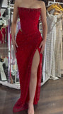 Luxurious Mermaid Red Straight Across Sleeveless Rhinestone Split Prom Dress HZ0311