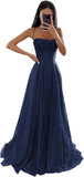 Sexy A line Spaghetti Straps Navy Blue Tulle Long Evening Prom Dresses HZ0311