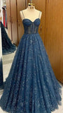 Elegant Spaghetti Strap Sleeveless A-line Tulle Long Prom Dresses Online Prom Gown HZ0311