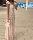 Elegant A line Floral Pattern Backless Short Sleeve Prom Dress Formal Dresses HZ0311