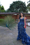 Elegant Ball Gown Sweetheart With Lace Strap Navy Blue Long Pleated Ruffles Slit Prom Dresses Vestidos De Dia HZ0311