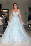 Unique Ball Gown Spaghetti Straps Light Sky Blue Lace Prom Dresses Formal Long Tiered Evening Party Gowns Vestidos De Dia HZ0311