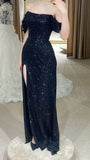 Sparkly Trumpet/Mermaid Off The Shoulder Sweep Train Navy Blue Sequins Prom Dresses With Slit Formal Dresses Party Dress HZ0311