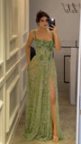 Classy A Line Square Neck Mint Green Sequin Beaded Slit Long Prom Dresses Inspo Glitter Prom Gown HZ0311