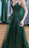 Modest tulle long A line spaghetti straps dark green prom dress with lace Formal Party Gown HZ0311