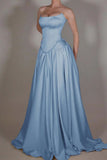 Charming A line Strapless Blue Satin Long Party Dresses Prom Dresses Impress Wedding Guest Dress HZ0311