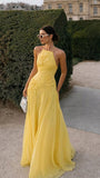 Elegant A line Halter Yellow Prom Dresses Chiffon Pleated Ruffle Formal Evening Dress Party Gowns HZ0311