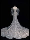 Timeless Women's Mermaid Off The Shoulder Silver Gray Long Sleeves Lace Beaded Wedding Dresses With Beads for Brides Dress HZ0311