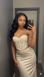 Modest Mermaid Prom Dresses for Women 2 Pieces Evening Party Gown Ivory Satin Lace Formal Gown 18th Birthday Gowns HZ0311