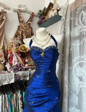 Vintage Halter Sheath Long Prom Dresses Beaded Satin Blue Evening Dresses Sleeveless Birthday Dresses HZ0311