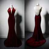 Modest Mermaid Scoop Velvet Burgundy With Tassel Long Tight Formal Gown Prom Dresses Evening Gowns HZ0311