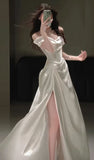Modest Mermaid Off The Shoulder Fitted Corset White Slit Long Wedding Dress Bride Gowns Wedding Dresses HZ0311