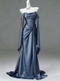Stunning Mermaid Off The Shoulder Dusty Blue Long Sleeves Pleated Prom Dresses Inspiration Princess Graduation Dress HZ0311