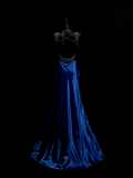Modest A line Square Neck Royal Blue Satin With Beaded Bodice College Formal Outfit Long Prom Graduation Dresses For Teens HZ0311