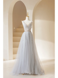 Cute A Line V Neck Silver Gray Tulle Long Prom Dresses Impress 19th Birthday Outfits Prom Gown HZ0311