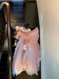 Modest Ball Gown Off The Shoulder Coral Pink With Long Sleeves Bow Prm Dress Aesthetic Long Graduation Evening Outfits HZ0311
